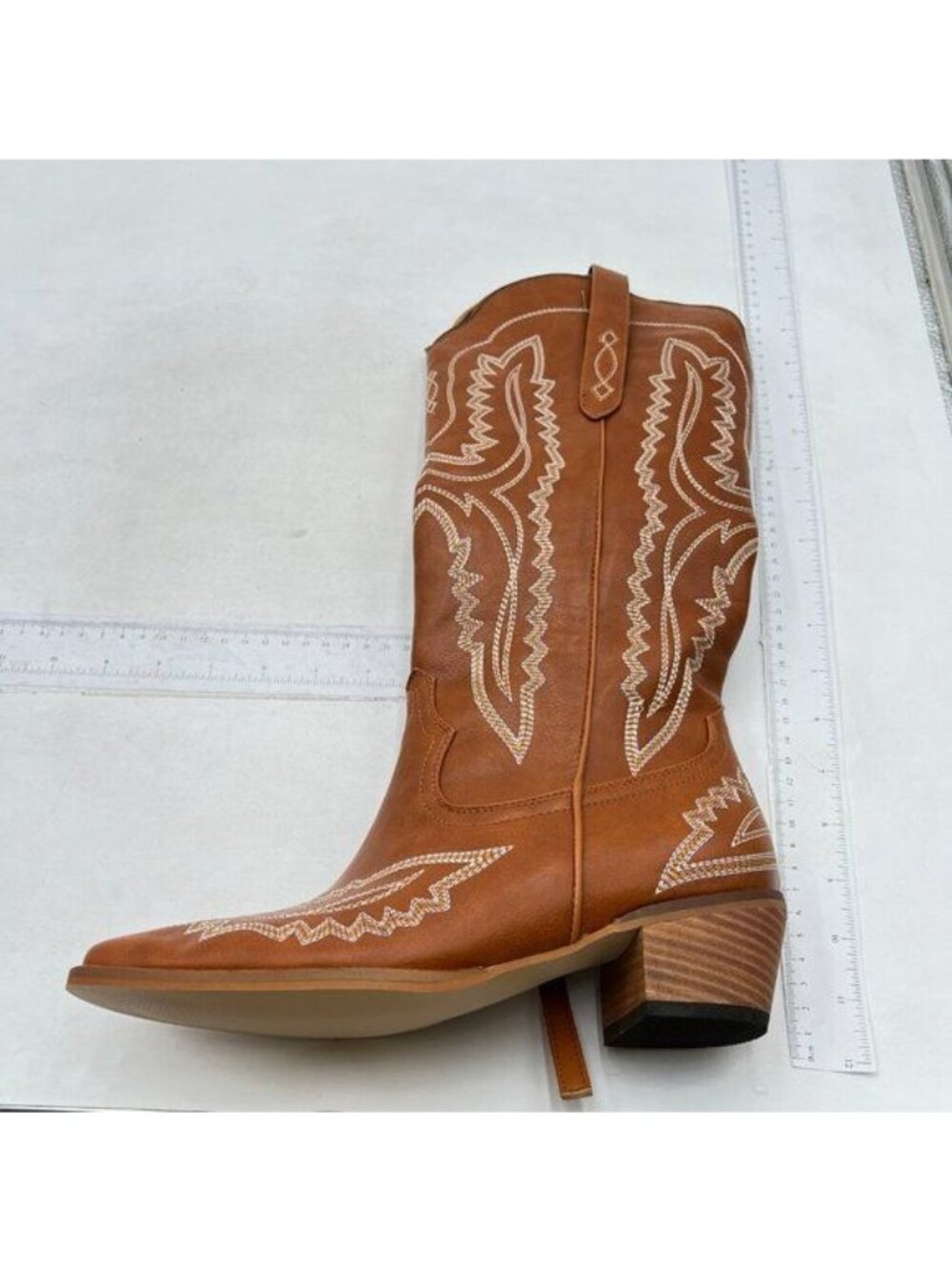 Women Western Boots Cowgirl Boots Pull On Pointy Toe Mid Calf Boots Brown